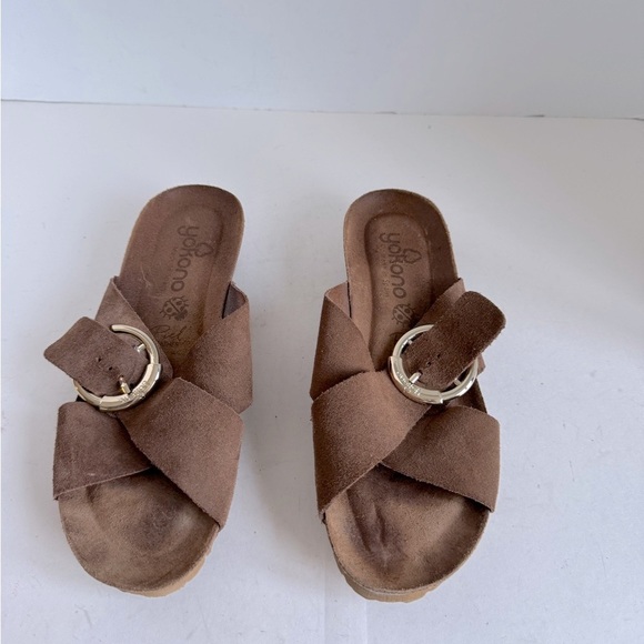 Yokono tan sueded leather cross strap slide on cork wedge sandals size 8 - Picture 2 of 11